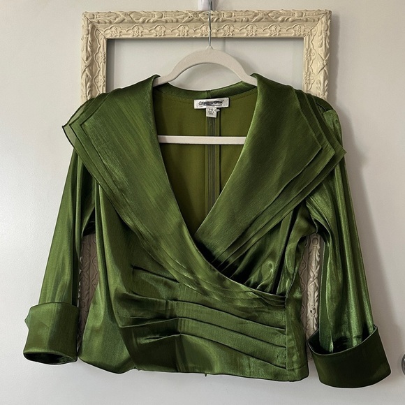 COLDWATER CREEK | Olive Satin Blouse with Sheer Sleeves - Picture 2 of 16